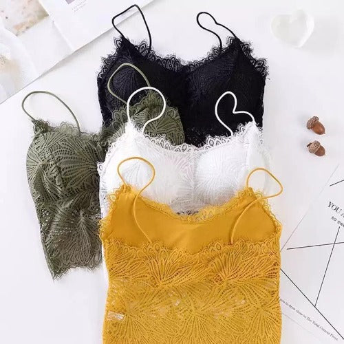 Women Fashion Summer Sexy Deep V Neck Floral Lace Bra Tops Spaghetti Straps  Push Up Crop Top Hollow Out Tank Tops