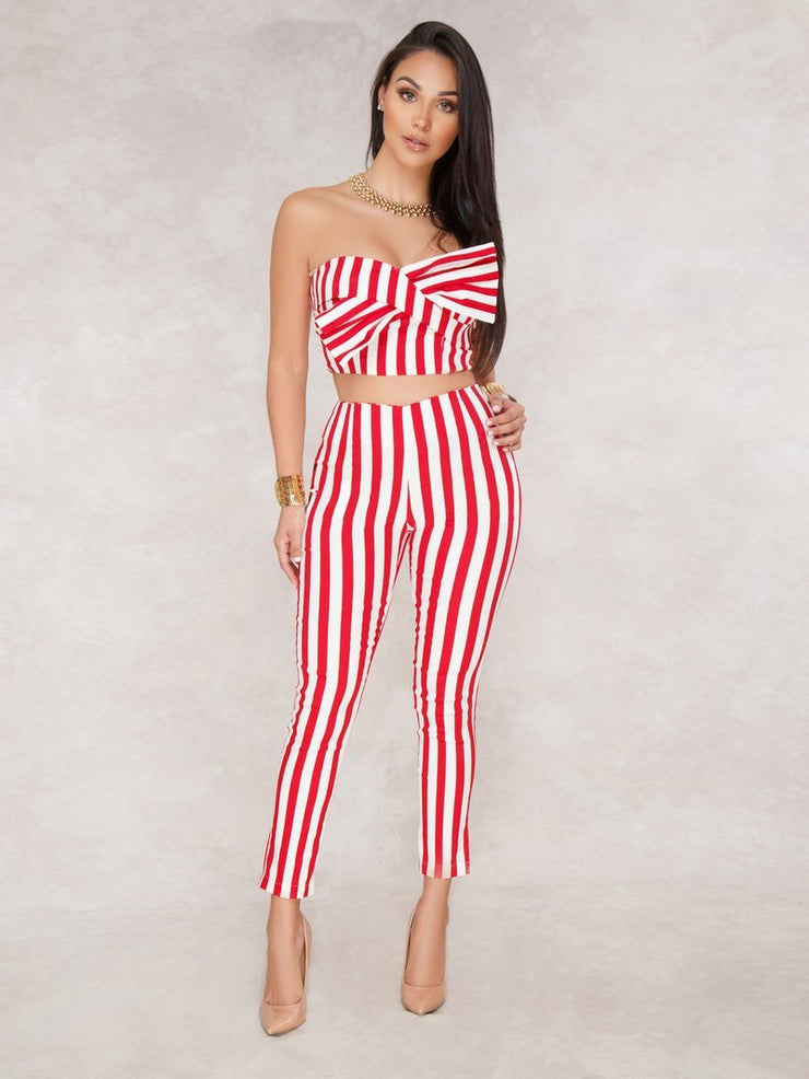 Boat Neck Bow Striped Sets | NCFashions
