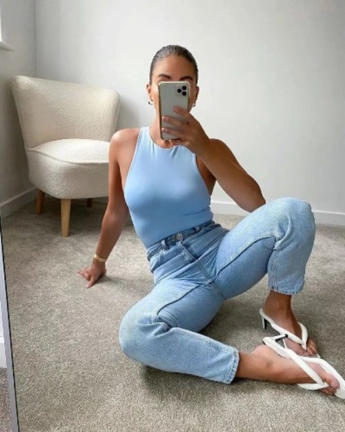 flowy bodysuit, forever new bodysuit, light blue lace bodysuit