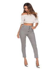 Plaid Trouser High Waist Pants | NCFashionsbrand | high waisted plaid pants grey | plaid pajama pants | trousers with side slits| high waisted plaid pants skinny